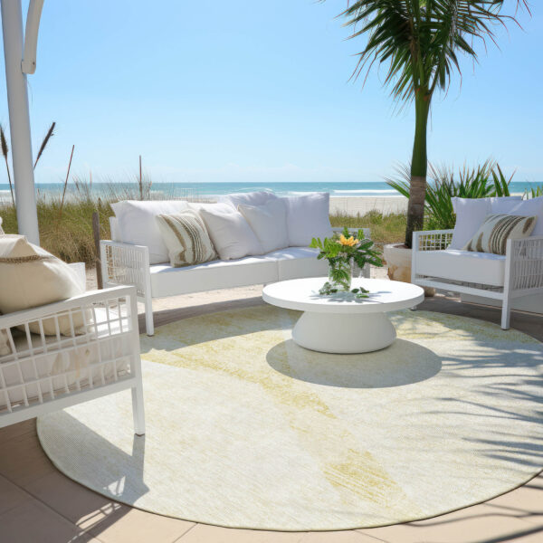 8' Gold Beige And Ivory Round Abstract Washable Indoor Outdoor Area Rug