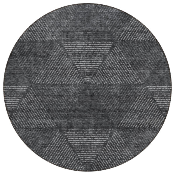 8' Charcoal Gray And Silver Round Geometric Washable Indoor Outdoor Area Rug