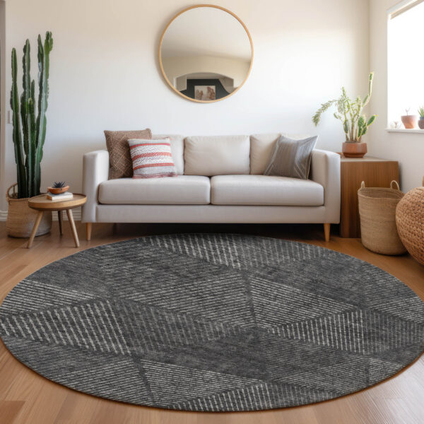 8' Charcoal Gray And Silver Round Geometric Washable Indoor Outdoor Area Rug