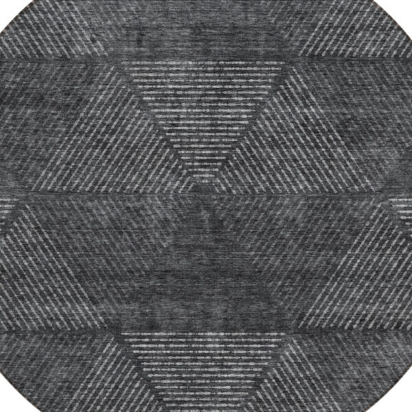 8' Charcoal Gray And Silver Round Geometric Washable Indoor Outdoor Area Rug