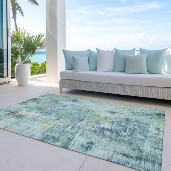 3' X 5' Teal Blue Green And Ivory Abstract Washable Indoor Outdoor Area Rug