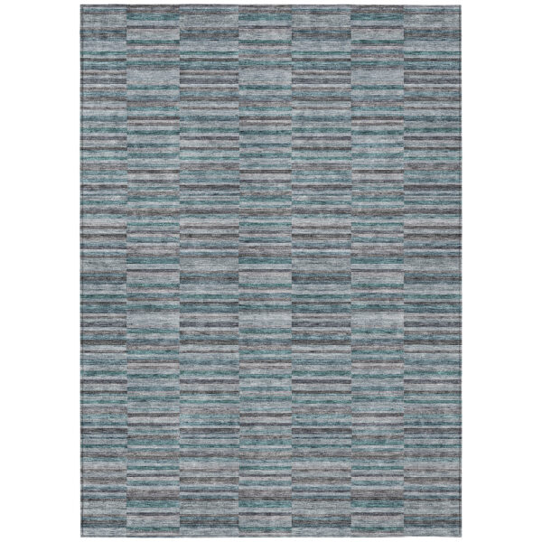 8' X 10' Teal Blue Aqua And Gray Striped Washable Indoor Outdoor Area Rug