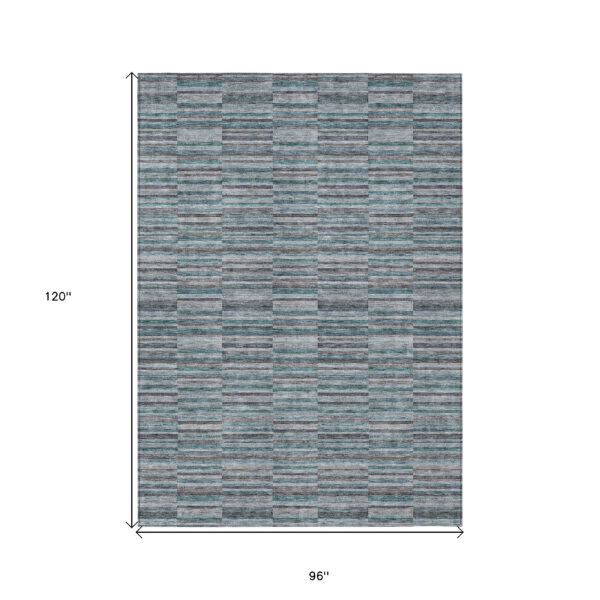 8' X 10' Teal Blue Aqua And Gray Striped Washable Indoor Outdoor Area Rug