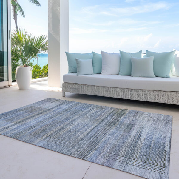 5' X 8' Denim Blue And Sky Blue Striped Washable Indoor Outdoor Area Rug