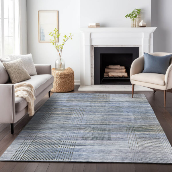 5' X 8' Denim Blue And Sky Blue Striped Washable Indoor Outdoor Area Rug
