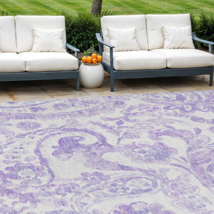 9' X 12' Lavender Ivory And Purple Paisley Washable Indoor Outdoor Area Rug