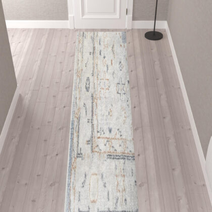 12' Light Blue Oriental Power Loom Distressed Washable Runner Rug