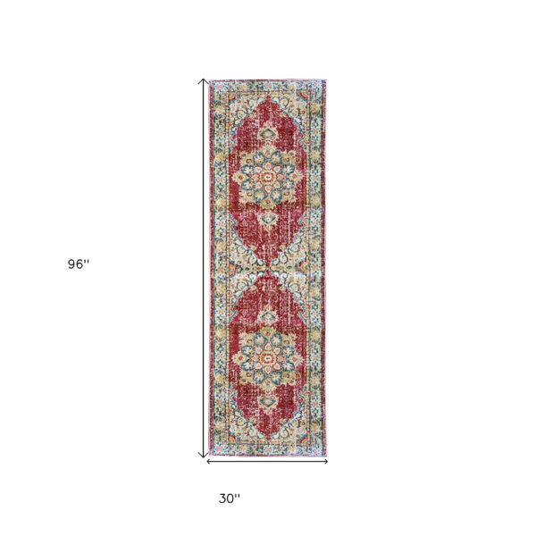 8' Red Medallion Power Loom Runner Rug