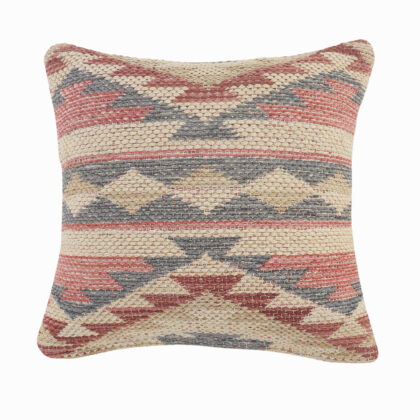 18" X 18" Blue Cream And Red 100% Cotton Geometric Zippered Pillow