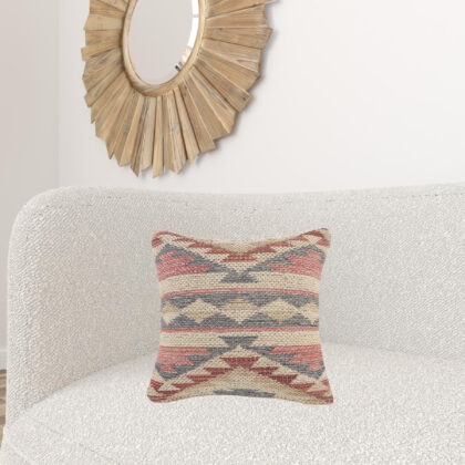 18" X 18" Blue Cream And Red 100% Cotton Geometric Zippered Pillow