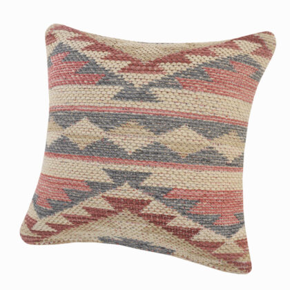 18" X 18" Blue Cream And Red 100% Cotton Geometric Zippered Pillow
