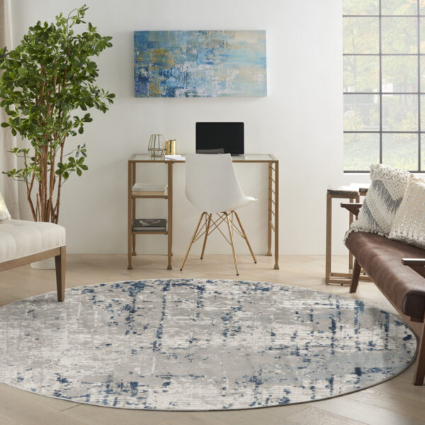 5' Blue and Gray Round Abstract Power Loom Area Rug