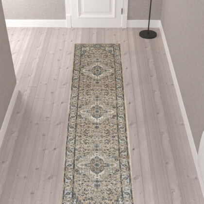 10' Gray and Ivory Medallion Power Loom Runner Rug
