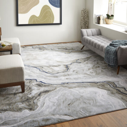 7' x 10' Ivory Blue and Gray Abstract Power Loom Area Rug