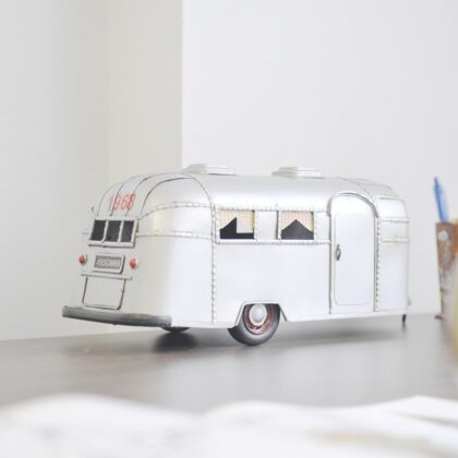 6" Silver Metal Silver Camping Trailer Truck Hand Painted Decorative Truck