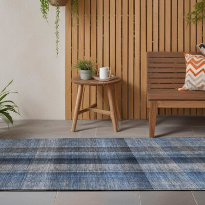 8' Runner Blue Plaid Washable Non Skid Indoor Outdoor Runner Rug