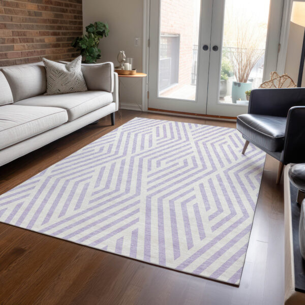 5' X 8' Lavender and Ivory Geometric Washable Non Skid Indoor Outdoor Area Rug