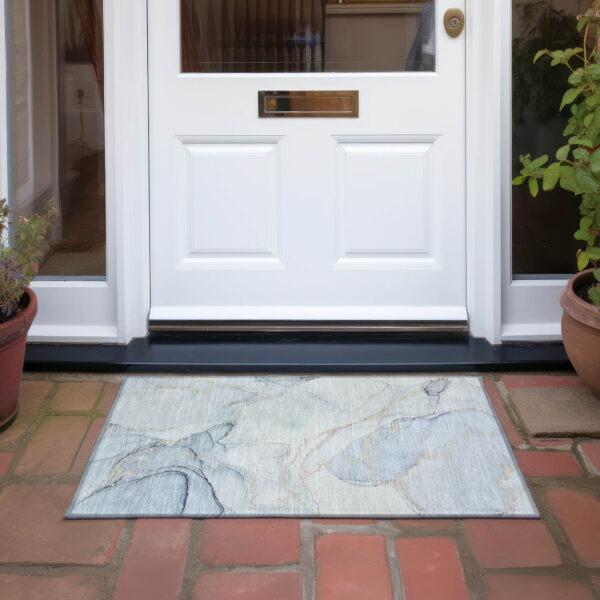 2' X 3' Beige and Blue Abstract Washable Non Skid Indoor Outdoor Area Rug