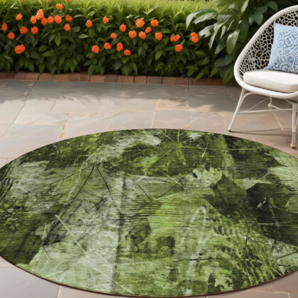 8' Round Green Round Floral Washable Non Skid Indoor Outdoor Area Rug