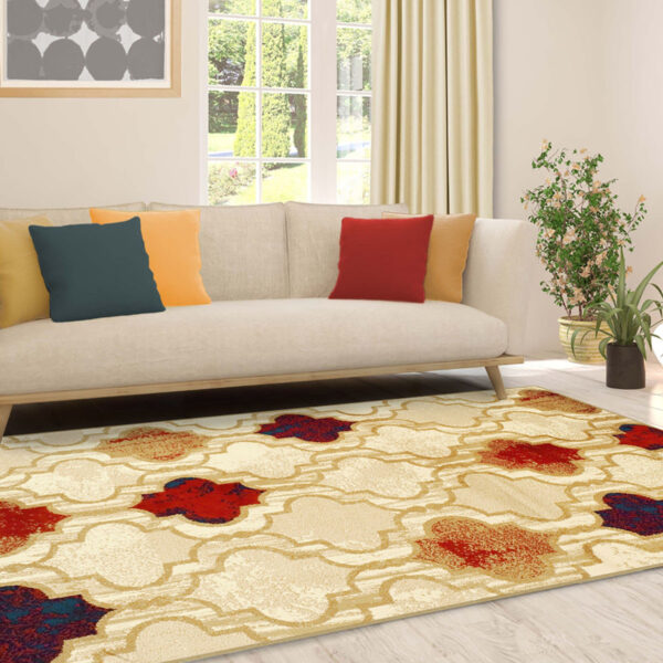 8' X 10' Beige Quatrefoil Power Loom Distressed Stain Resistant Area Rug