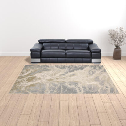 9' X 12' Ivory Silver And Gold Abstract Area Rug