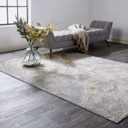 9' X 12' Ivory Silver And Gold Abstract Area Rug