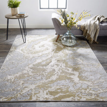 9' X 12' Ivory Silver And Gold Abstract Area Rug