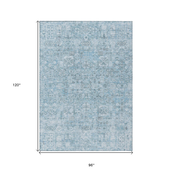 8' X 10' Sky Blue And Denim Blue Floral Washable Indoor Outdoor Area Rug