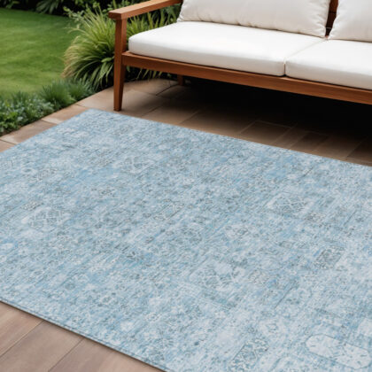 8' X 10' Sky Blue And Denim Blue Floral Washable Indoor Outdoor Area Rug
