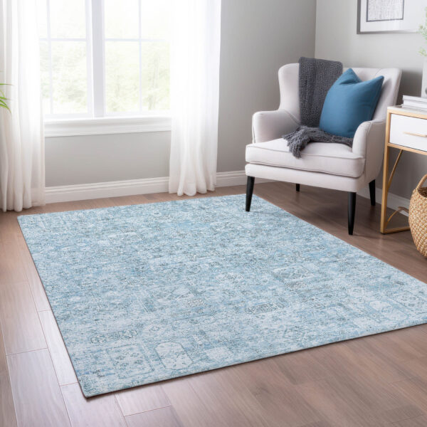 8' X 10' Sky Blue And Denim Blue Floral Washable Indoor Outdoor Area Rug
