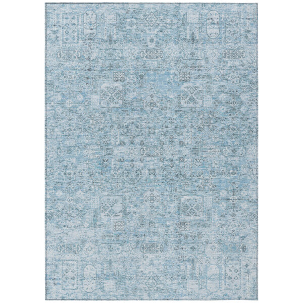8' X 10' Sky Blue And Denim Blue Floral Washable Indoor Outdoor Area Rug