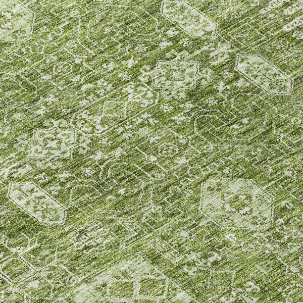 8' Artichoke Green And Ivory Round Oriental Washable Indoor Outdoor Area Rug