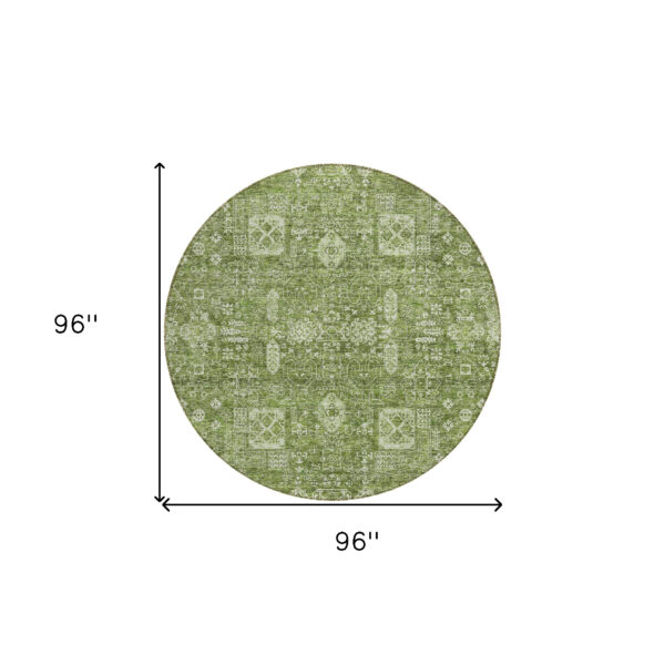 8' Artichoke Green And Ivory Round Oriental Washable Indoor Outdoor Area Rug