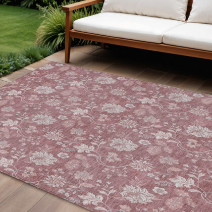 9' X 12' Blush Pink And Mauve Floral Washable Indoor Outdoor Area Rug