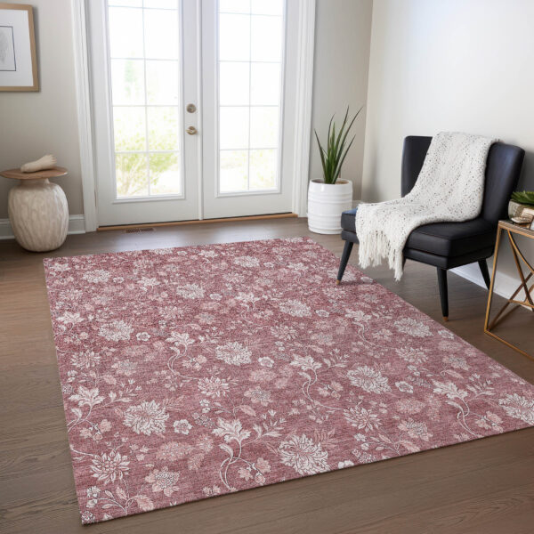 9' X 12' Blush Pink And Mauve Floral Washable Indoor Outdoor Area Rug