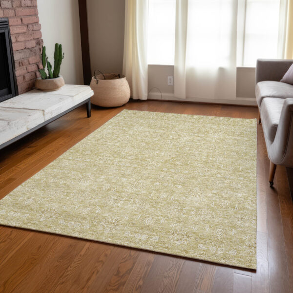 5' X 8' Beige Tan And Ivory Floral Washable Indoor Outdoor Area Rug