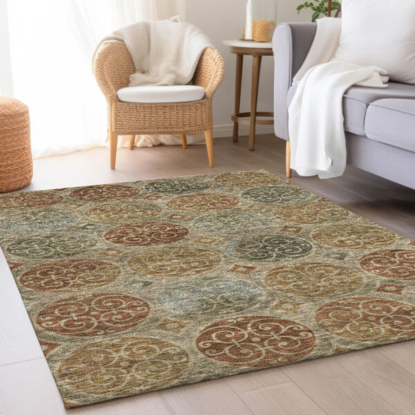 9' X 12' Taupe Green And Gold Trellis Washable Indoor Outdoor Area Rug