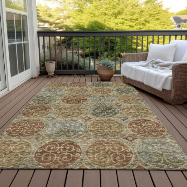 9' X 12' Taupe Green And Gold Trellis Washable Indoor Outdoor Area Rug