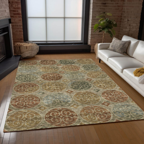 9' X 12' Taupe Green And Gold Trellis Washable Indoor Outdoor Area Rug