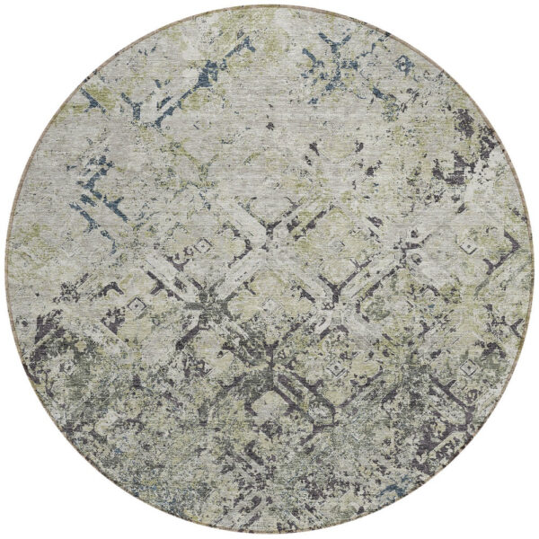 8' Silver Gray And Charcoal Round Geometric Washable Indoor Outdoor Area Rug