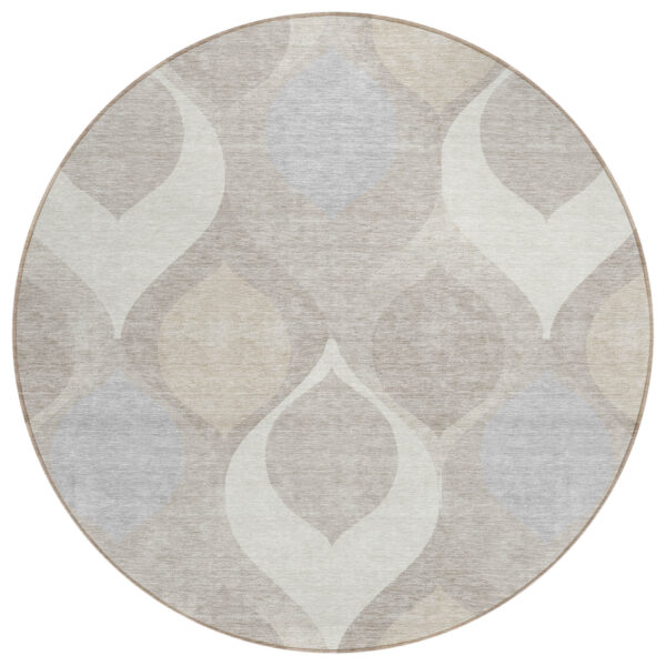 8' Ivory Beige And Tan Round Ogee Washable Indoor Outdoor Area Rug