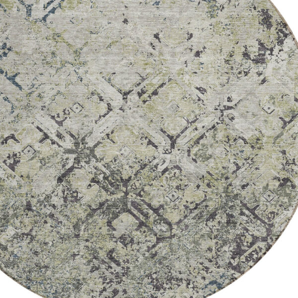 8' Silver Gray And Charcoal Round Geometric Washable Indoor Outdoor Area Rug