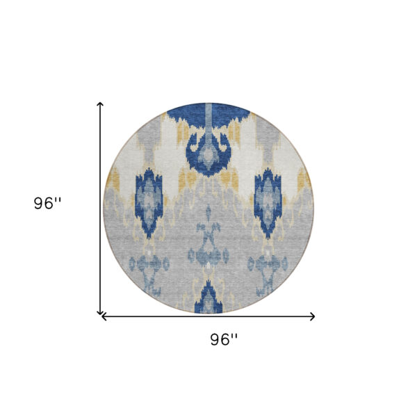 8' Navy Blue Ivory And Gray Round Ikat Washable Indoor Outdoor Area Rug