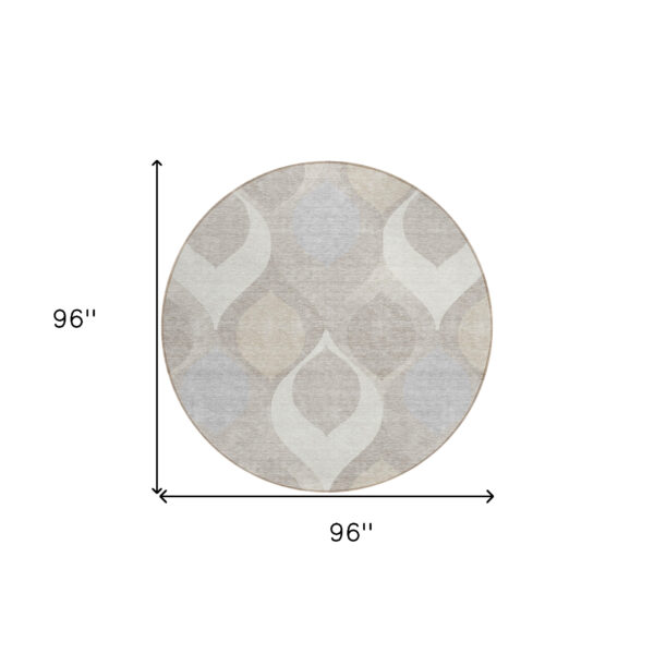 8' Ivory Beige And Tan Round Ogee Washable Indoor Outdoor Area Rug