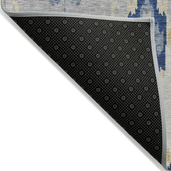 8' Navy Blue Ivory And Gray Round Ikat Washable Indoor Outdoor Area Rug