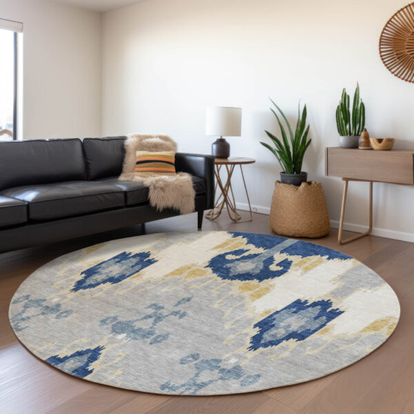 8' Navy Blue Ivory And Gray Round Ikat Washable Indoor Outdoor Area Rug
