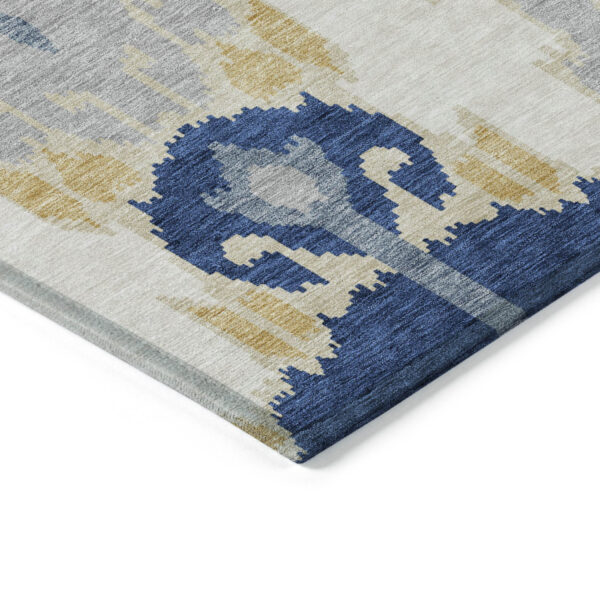 8' Navy Blue Ivory And Gray Round Ikat Washable Indoor Outdoor Area Rug