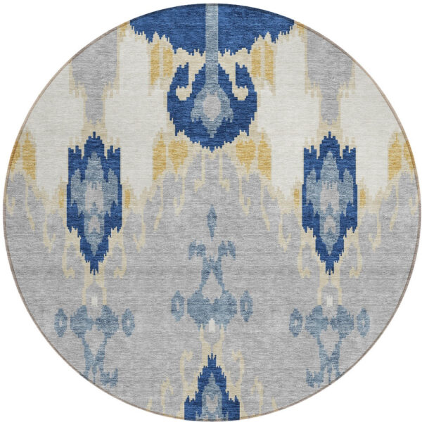 8' Navy Blue Ivory And Gray Round Ikat Washable Indoor Outdoor Area Rug