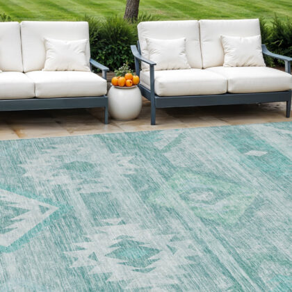 9' X 12' Aqua Turquoise And Ivory Southwestern Washable Indoor Outdoor Area Rug
