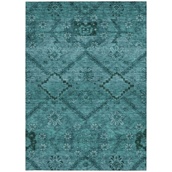 9' X 12' Teal Blue And Aqua Floral Washable Indoor Outdoor Area Rug
